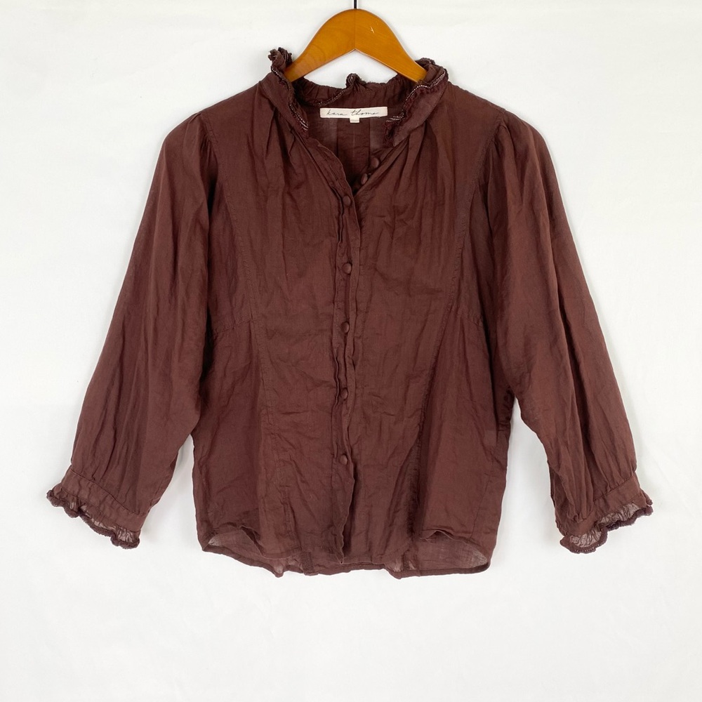 KARA THOMS Ruffle Button Cotton Blouse Hand Made Maroon Lightweight Size‎ Small